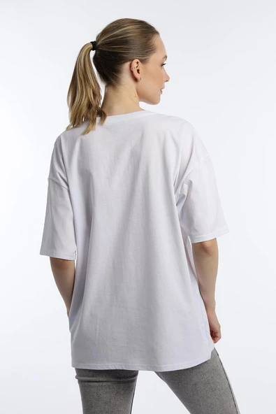 Kadın Oversize Bisiklet Yaka Tişört Beyaz - Resim 4