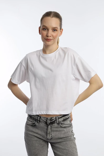 Kadin Oversize Fit Crop Tişört Beyaz - 3