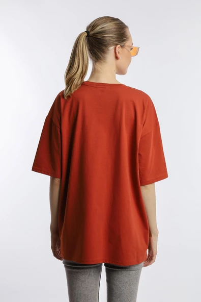 Kadın Oversize Bisiklet Yaka Tişört Kiremit - Resim 4