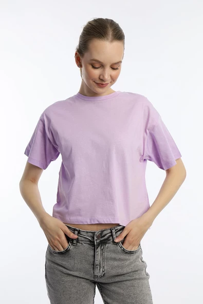 Kadin Oversize Fit Crop Tişört Lila - Resim 3