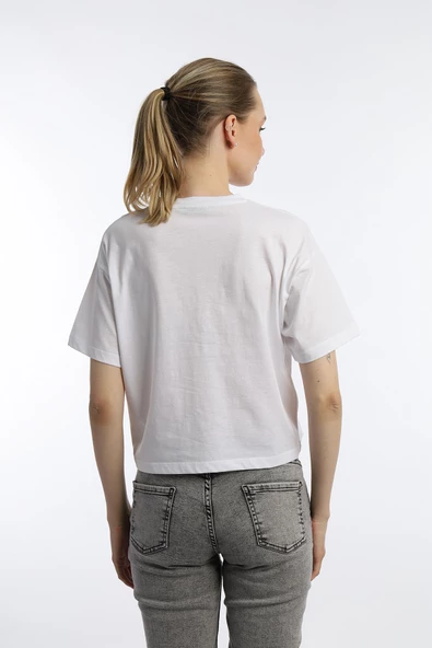Kadin Oversize Fit Crop Tişört Beyaz - 4