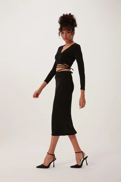 Çapraz Bağcıklı Kruvaze Crop top Siyah - 3