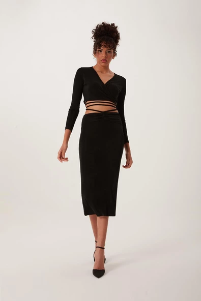 Çapraz Bağcıklı Kruvaze Crop top Siyah - 2