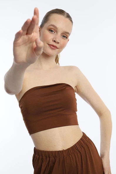 Kadın Allegro Kumaş Askısız Crop Top Kahverengi - 2