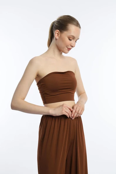 Kadın Allegro Kumaş Askısız Crop Top Kahverengi - 3