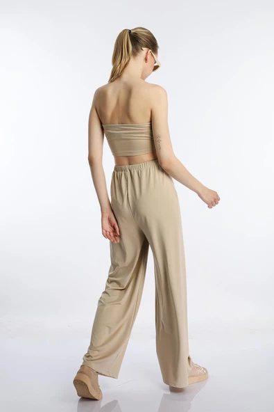 Kadın Allegro Kumaş Askısız Crop Top Vizon - 3