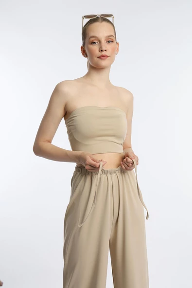 Kadın Allegro Kumaş Askısız Crop Top Vizon - 2
