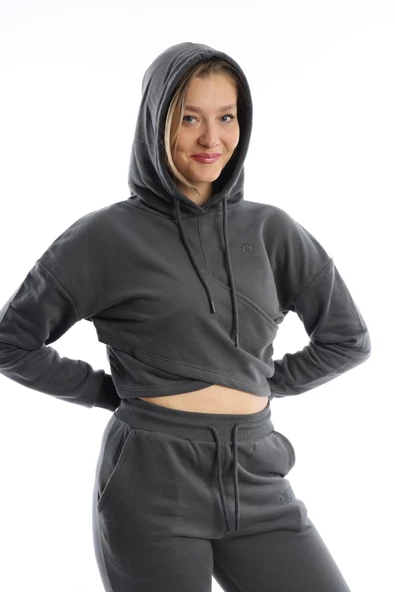 Kadın Kruvaze Detaylı Kapüşonlu Crop Sweat Antrasit - 2