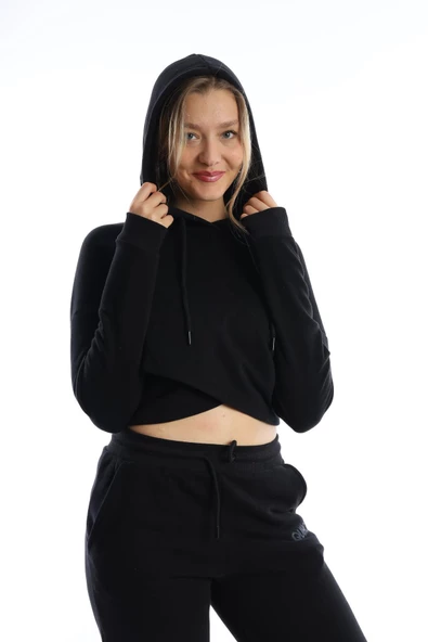 Kadın Kruvaze Detaylı Kapüşonlu Crop Sweat Siyah - 2