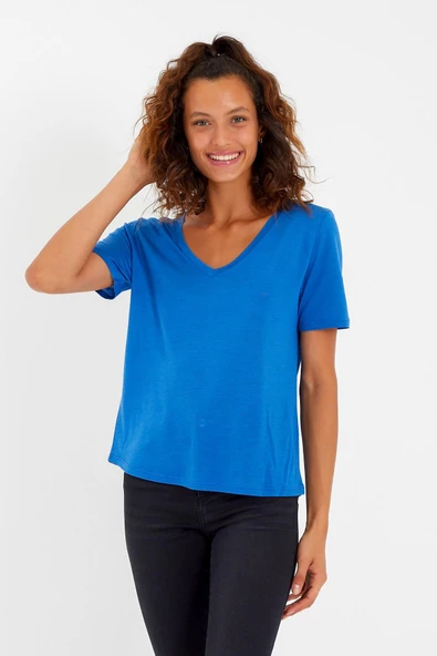 Kadın Tencel Kumaş V Yaka Parçalı T-shirt Saks - 3
