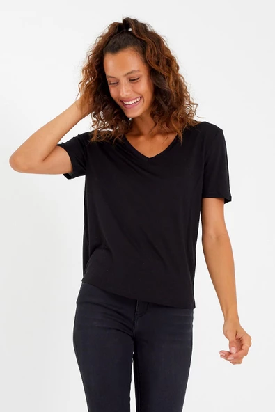 Kadın Modal Kumaş V Yaka Parçalı T-shirt Siyah - 2