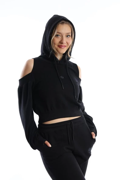 Kadın Kapüşonlu Omuz Dekolteli Sweatshirt Siyah - 2