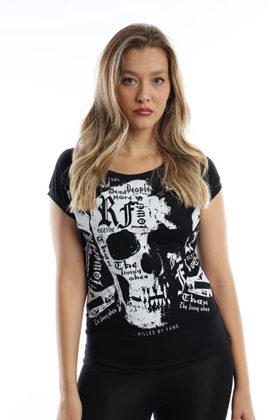 Kadın Kuru Kafa Baskılı Geniş Yakalı T-shirt  Siyah - 2