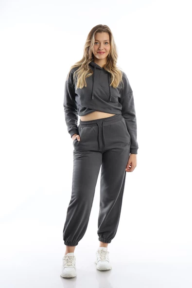 Kadın Kruvaze Detaylı Kapüşonlu Crop Sweat Antrasit - 3