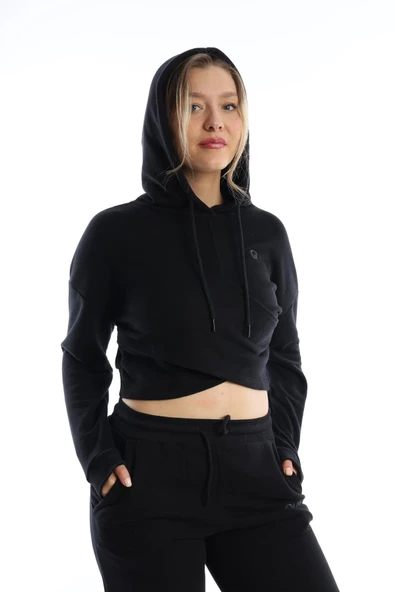 Kadın Kruvaze Detaylı Kapüşonlu Crop Sweat Siyah - 3