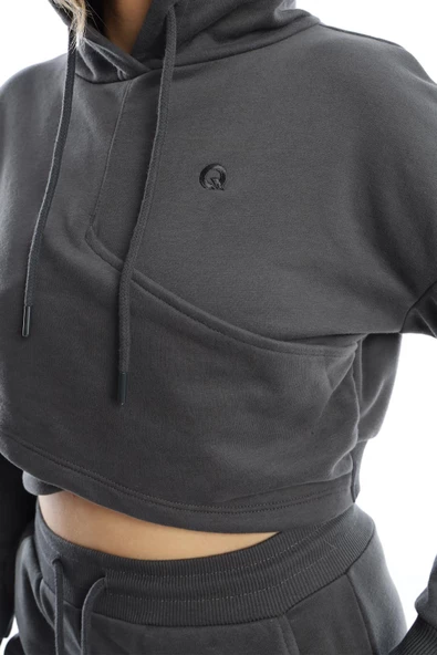 Kadın Kruvaze Detaylı Kapüşonlu Crop Sweat Antrasit - 4