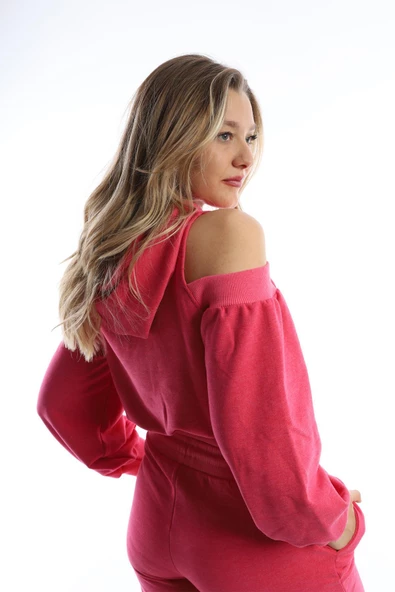 Kadın Kapüşonlu Omuz Dekolteli Sweatshirt Pembe - 5
