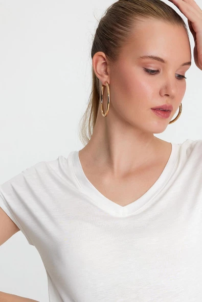 Kadın Bambu Kumaş V Yaka T-shirt Beyaz - 2