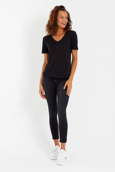 Kadın Modal Kumaş V Yaka Parçalı T-shirt Siyah - 3