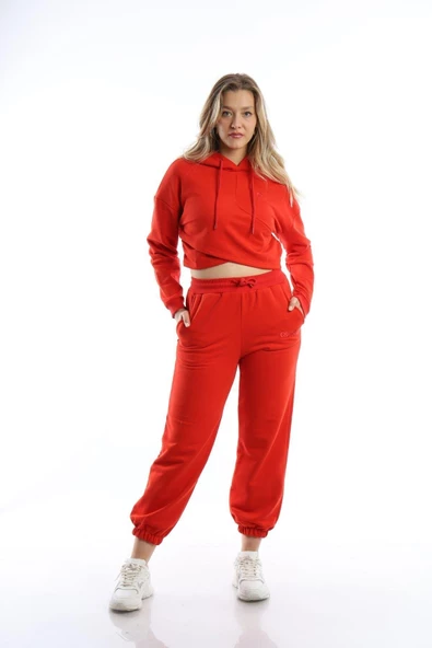 Kadın Kruvaze Detaylı Kapüşonlu Crop Sweat Kırmızı - 3