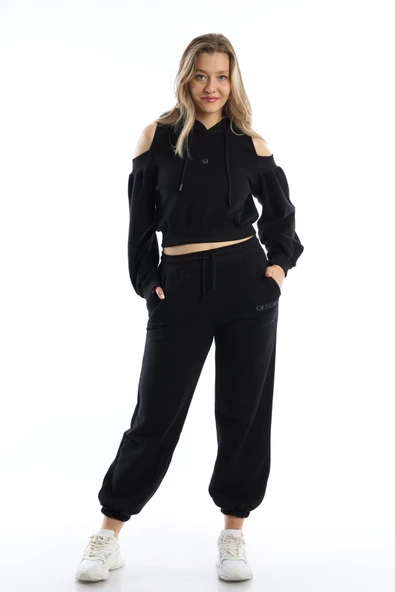 Kadın Kapüşonlu Omuz Dekolteli Sweatshirt Siyah - 3