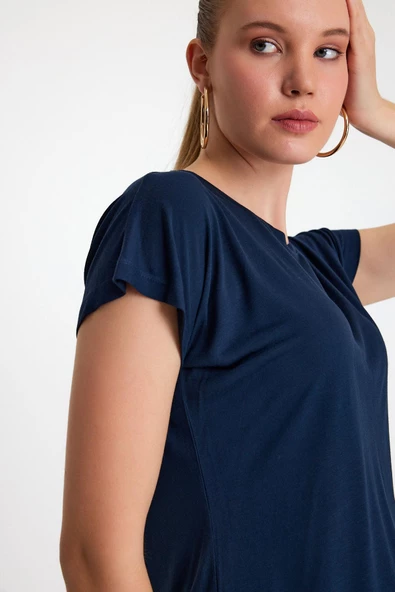 Kadın Bambu Kumaş Bisiklet Yaka T-shirt Lacivert - 2