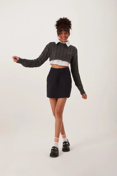 Kadın Triko Crop Sweatshirt Antrasit - 2