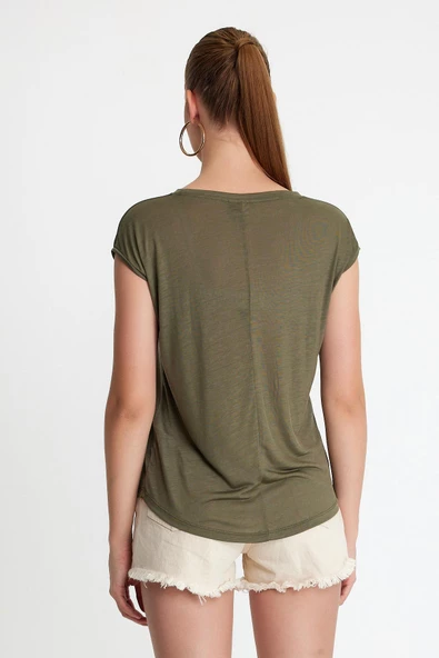 Kadın Tencel Kumaş Bisiklet Yaka T-shırt Haki - 4