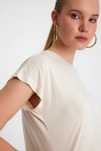 Kadın Bambu Kumaş Bisiklet Yaka T-shirt Bej - 3