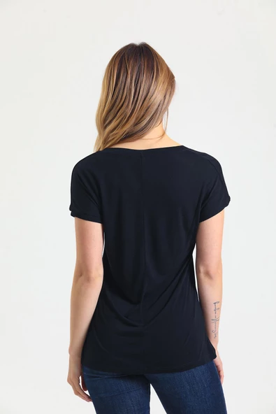 Kadın Bambu Kumaş V Yaka T-shirt Siyah - 3