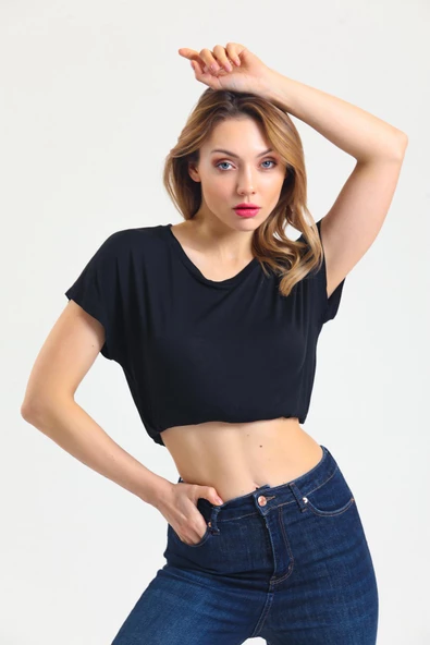 Kadın Bambu Kumaş Bisiklet Yaka T-shirt  Siyah - 2