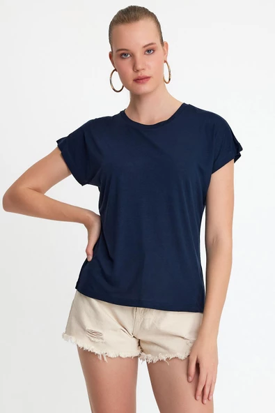 Kadın Bambu Kumaş Bisiklet Yaka T-shirt Lacivert