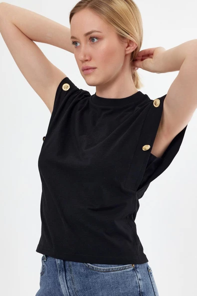 Kadın Basic Geniş Kol T-shirt Siyah - 2