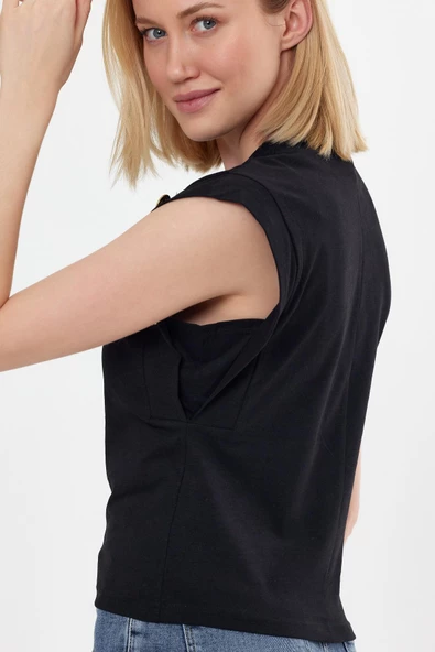 Kadın Basic Geniş Kol T-shirt Siyah - 5
