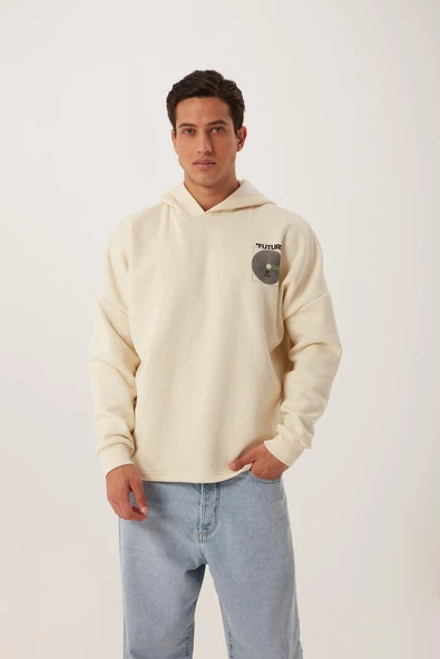 Erkek Oversize Baskılı Sweatshirt Ekru - 3
