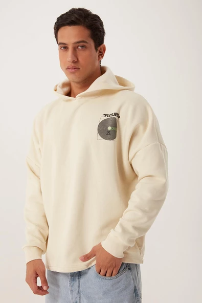 Erkek Oversize Baskılı Sweatshirt Ekru