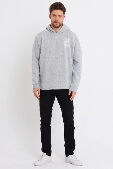 Erkek Oversize Baskılı Sweatshirt Gri Melanj - 2