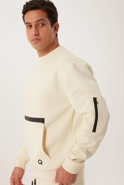 Erkek Fermuar Detaylı Sweatshirt Ekru