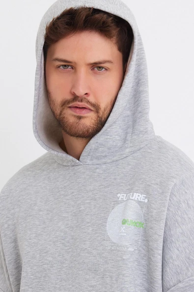 Erkek Oversize Baskılı Sweatshirt Gri Melanj - 4