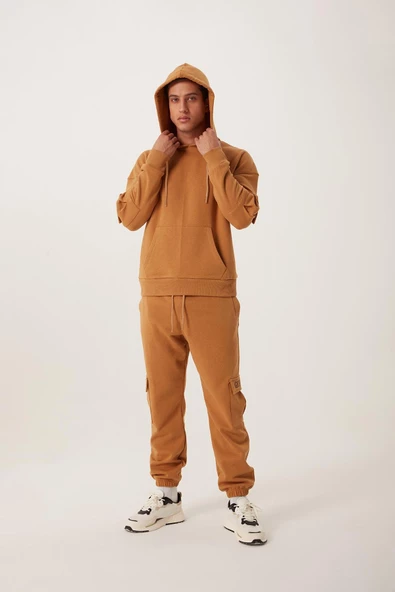 Erkek Kapüşonlu Kanguru Cepli Sweatshirt Kahverengi - 4