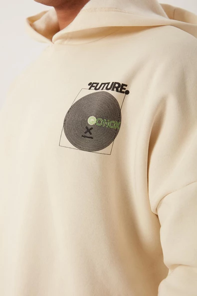 Erkek Oversize Baskılı Sweatshirt Ekru - 2