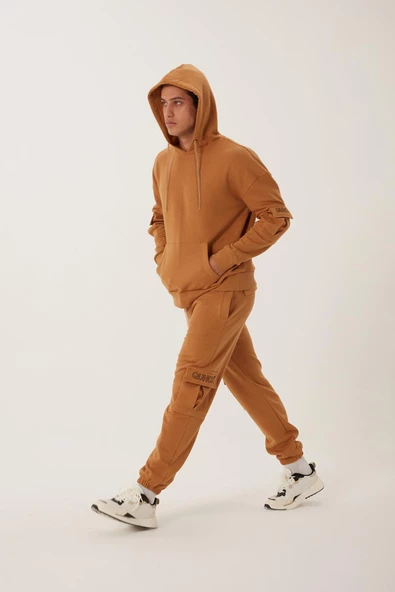 Erkek Kapüşonlu Kanguru Cepli Sweatshirt Kahverengi - 3