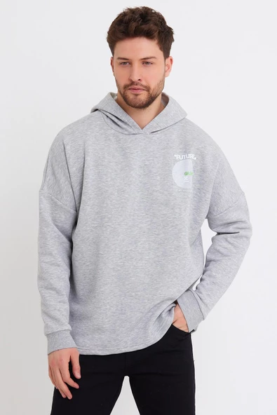Erkek Oversize Baskılı Sweatshirt Gri Melanj