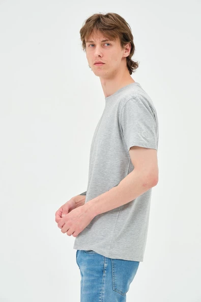 Erkek Bisiklet Yaka Regular Kalıp T-shirt Gri Melanj - 3