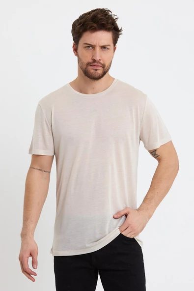 Erkek Tencel Kumaş Bisiklet Yaka T-shirt Taş