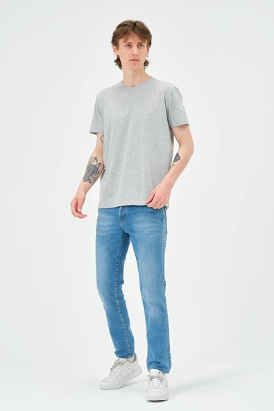 Erkek Bisiklet Yaka Regular Kalıp T-shirt Gri Melanj - 2