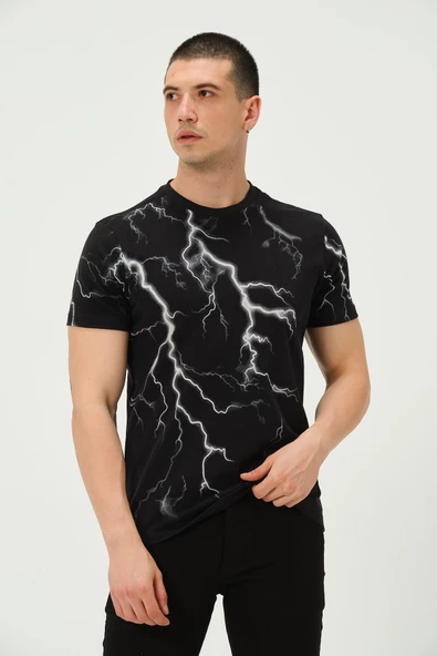 Erkek Şimşek Baskılı Regular Fit Tişört Siyah - 3