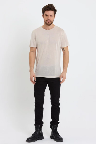 Erkek Tencel Kumaş Bisiklet Yaka T-shirt Taş - 3