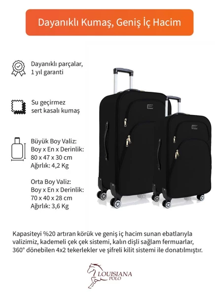 Büyük ve Orta Boy Valiz Seti 4 Teker Kumaş Valiz Siyah 1081 - 2