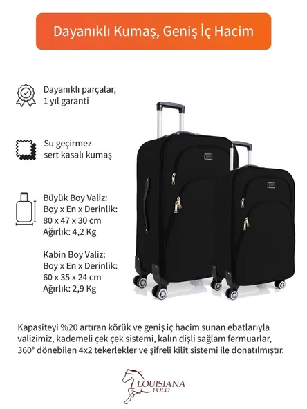 Büyük ve Kabin Boy Valiz Seti 4 Teker Kumaş Valiz Siyah 1081 - Resim 2